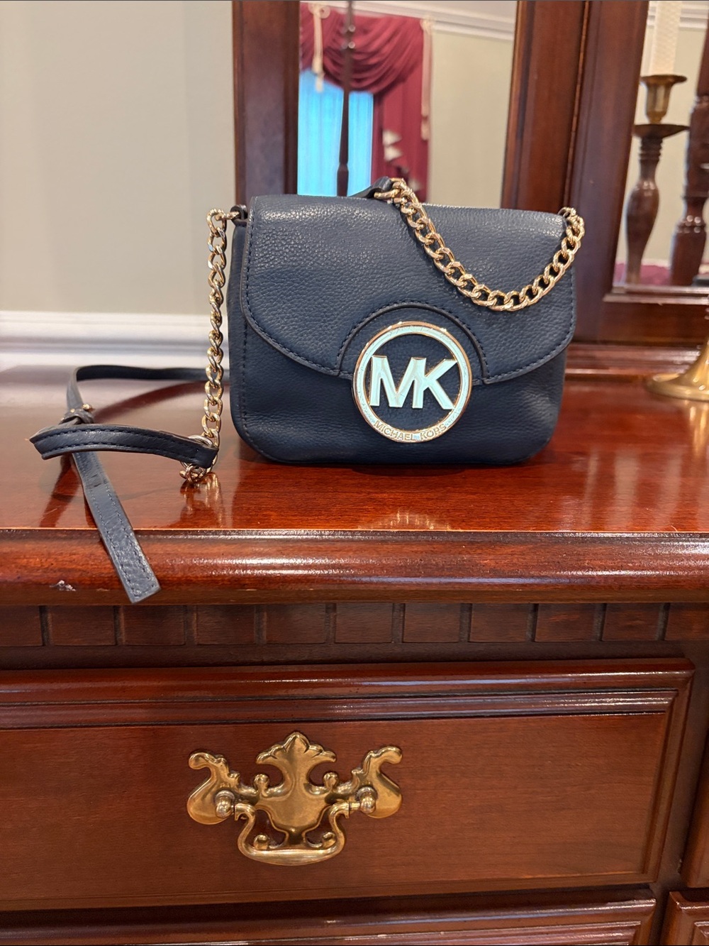 Michael Kors Navy Pebbled Leather Crossbody with Gold Chain Logo